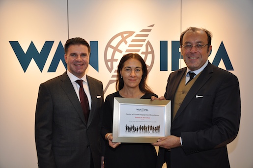 Gerald Grünbergeer, Nadja Vaskovich and WAN-IFRA CEO Vincent Peyregne during induction at WAN-IFRA Expo.